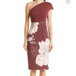 TED BAKER ONE SHOULD BROWN FLORAL DRESS SZ 1